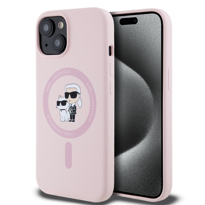 Karl Lagerfeld Folyékony szilikon Karl és Choupette Magsafe hátlap iPhone 15 rózsaszínű készülékhez
