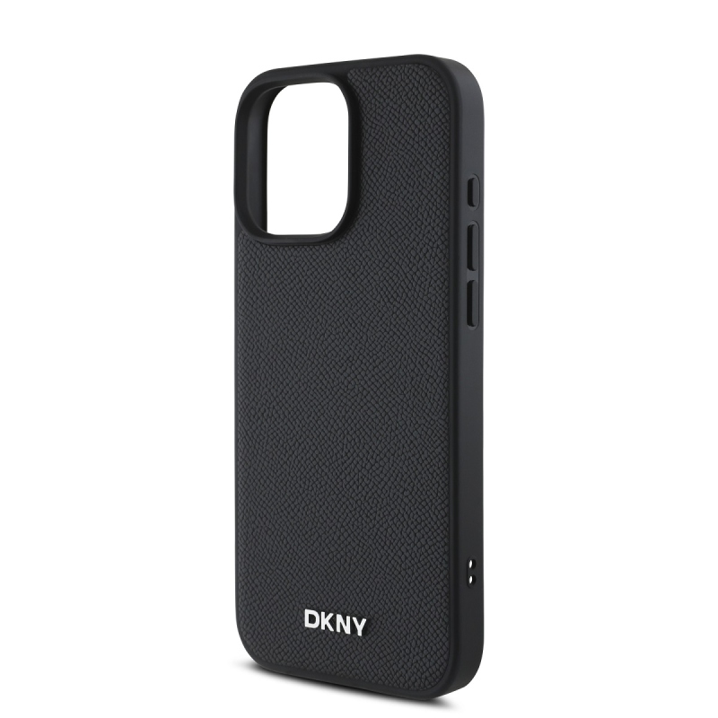 DKNY PU bőr ezüst fém logó Magsafe hátlap iPhone 16 Pro Fekete