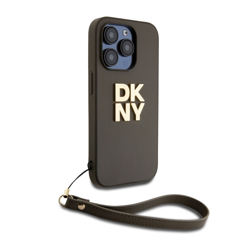 DKNY PU bőr Stack Logo csuklópánt hátlapi borító iPhone 14 Pro barna színhez