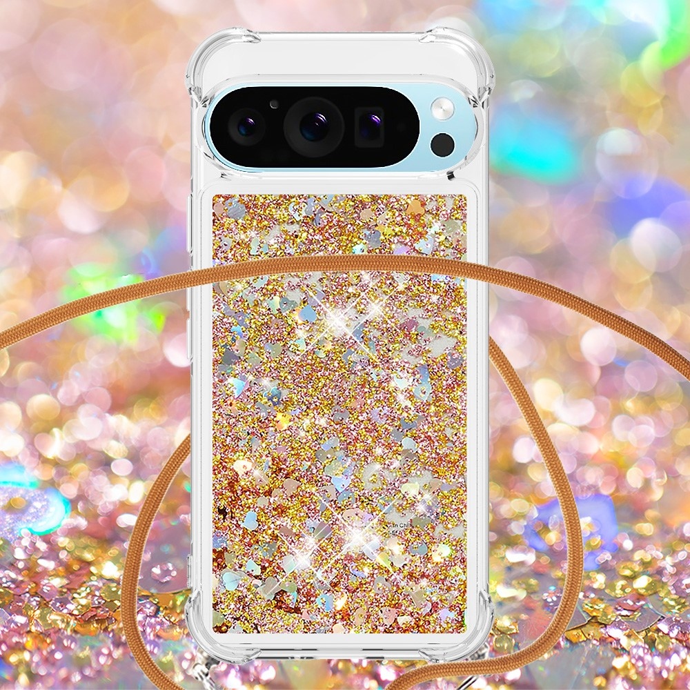 Csillogó homokóra zselés tok húzózsinórral Google Pixel 10 Pro/Pixel 10 - arany/szív