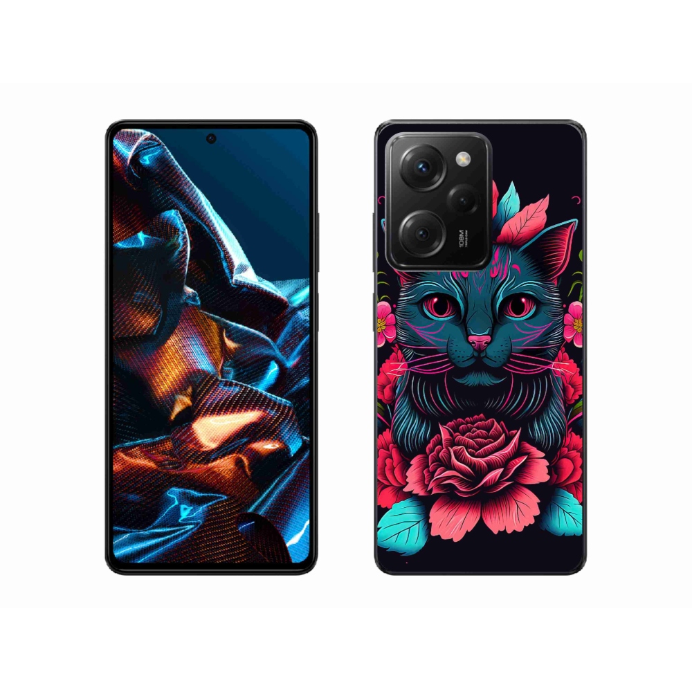 Gél borító mmCase a Xiaomi Poco X5 Pro 5G számára - virágok és macska
