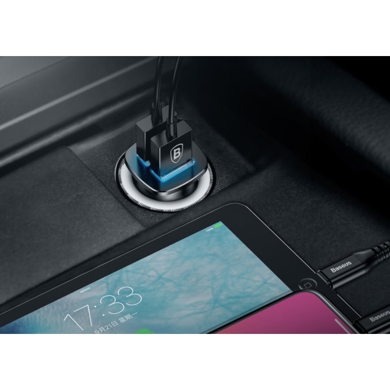Baseus CCALL-DS01 négyzet alakú autós töltő 2xUSB QC3.0 30W Fekete