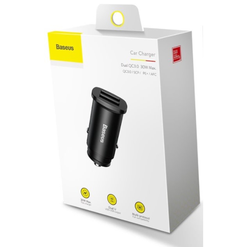Baseus CCALL-DS01 négyzet alakú autós töltő 2xUSB QC3.0 30W Fekete