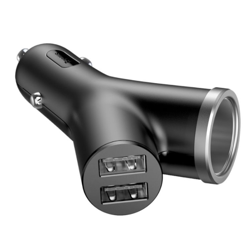 Baseus CCALL-YX01 Autótöltő Y típusú 2xUSB + hosszabbító Fekete