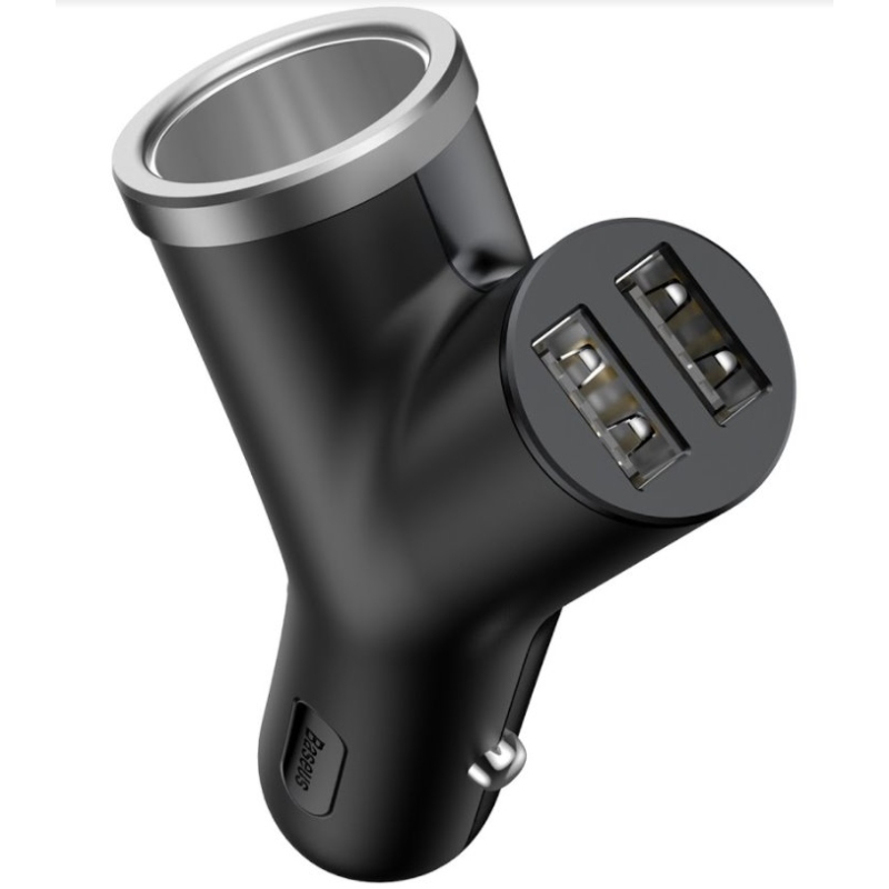 Baseus CCALL-YX01 Autótöltő Y típusú 2xUSB + hosszabbító Fekete