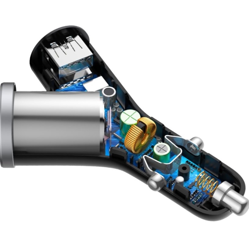 Baseus CCALL-YX01 Autótöltő Y típusú 2xUSB + hosszabbító Fekete
