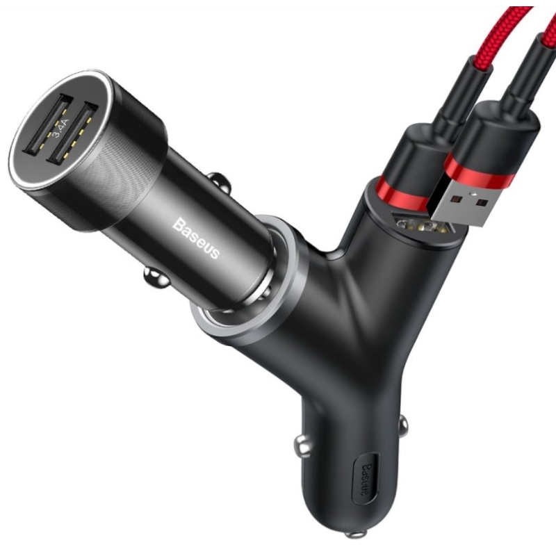 Baseus CCALL-YX01 Autótöltő Y típusú 2xUSB + hosszabbító Fekete
