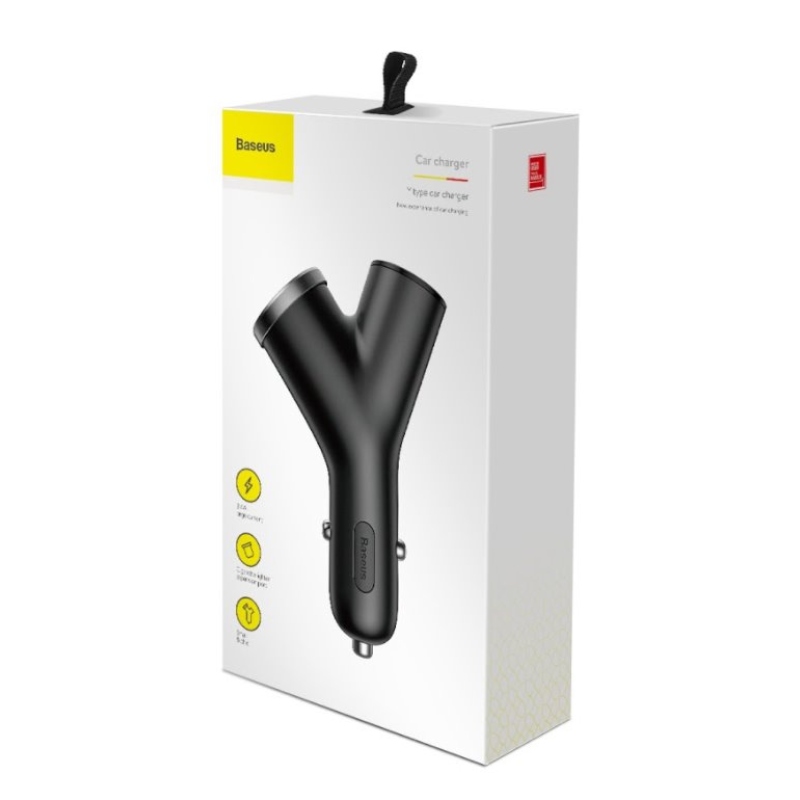 Baseus CCALL-YX01 Autótöltő Y típusú 2xUSB + hosszabbító Fekete