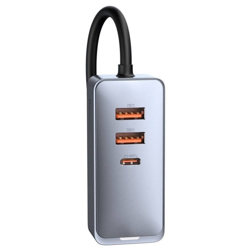 Baseus CCBT-A0G gyors autós töltő 120W-os hosszabbító kábellel 2x USB + 2x USB-C szürke