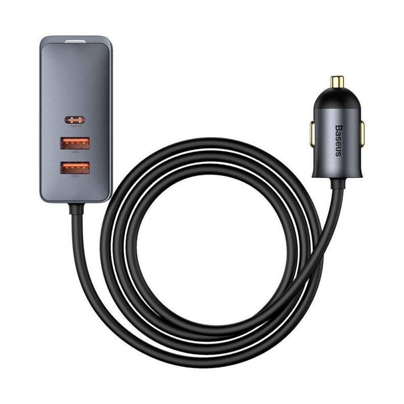 Baseus CCBT-A0G gyors autós töltő 120W-os hosszabbító kábellel 2x USB + 2x USB-C szürke