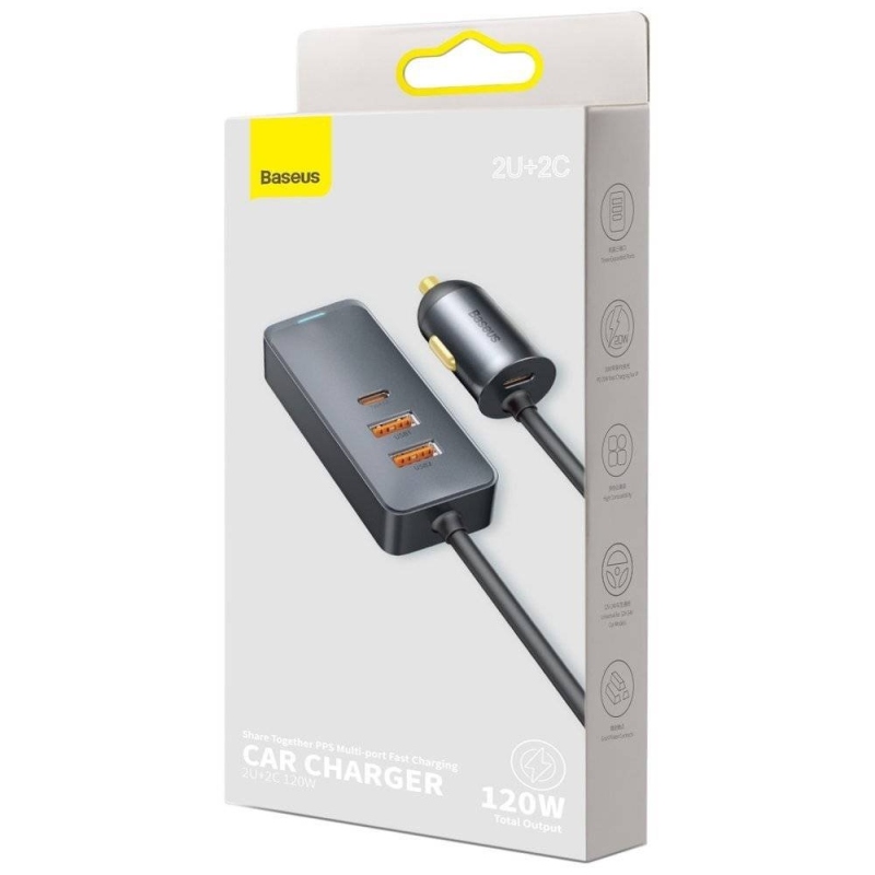 Baseus CCBT-A0G gyors autós töltő 120W-os hosszabbító kábellel 2x USB + 2x USB-C szürke