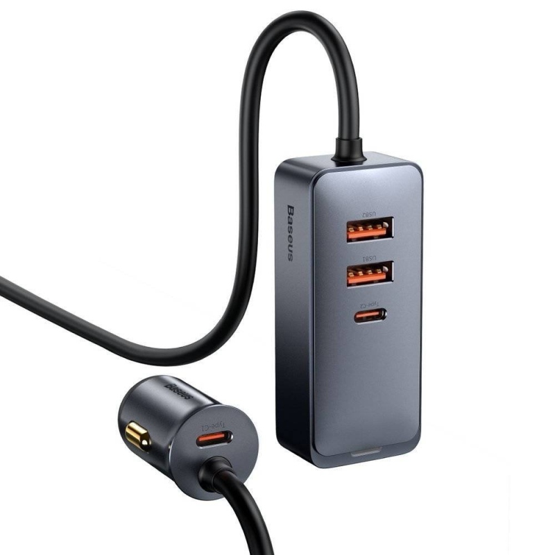 Baseus CCBT-A0G gyors autós töltő 120W-os hosszabbító kábellel 2x USB + 2x USB-C szürke