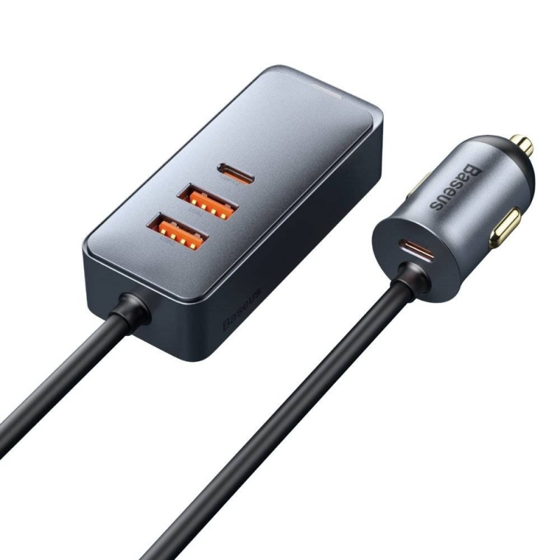 Baseus CCBT-A0G gyors autós töltő 120W-os hosszabbító kábellel 2x USB + 2x USB-C szürke