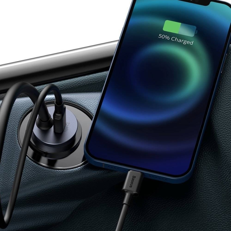 Baseus CCBT-A0G gyors autós töltő 120W-os hosszabbító kábellel 2x USB + 2x USB-C szürke