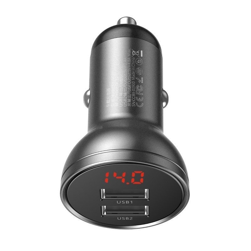 Baseus CCBX-0G autós töltő kijelzővel 24W 2x USB szürke