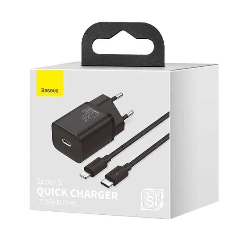 Baseus TZCCSUP-B01 Super Si gyorstöltő USB-C 20W + Simple Wisdom adatkábel USB-C és iP 1m között Fekete