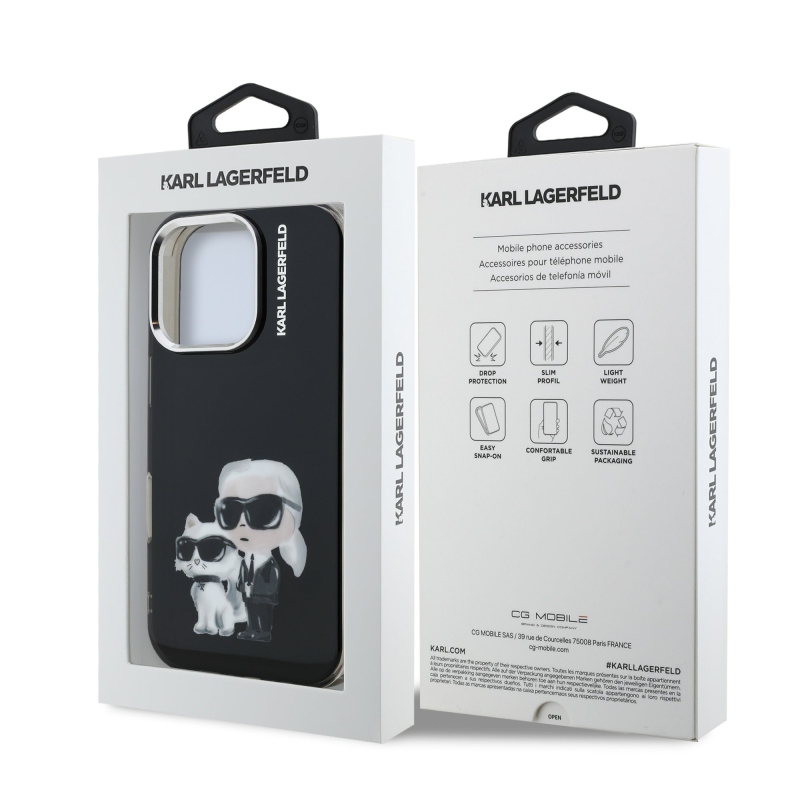 Karl Lagerfeld IML Aquarelle Karl és Choupette hátlapi borító iPhone 16 Pro Max készülékhez Fekete