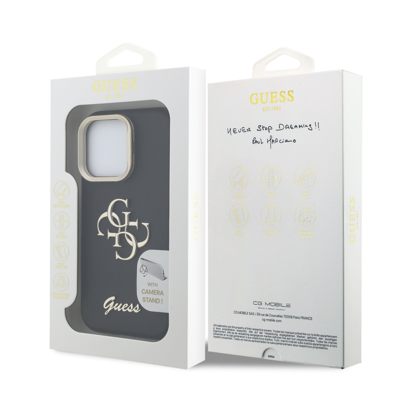 Guess PU szemcsés 4G Logo Stand Kamera keret hátlapi borító iPhone 16 Pro Max-hoz fekete