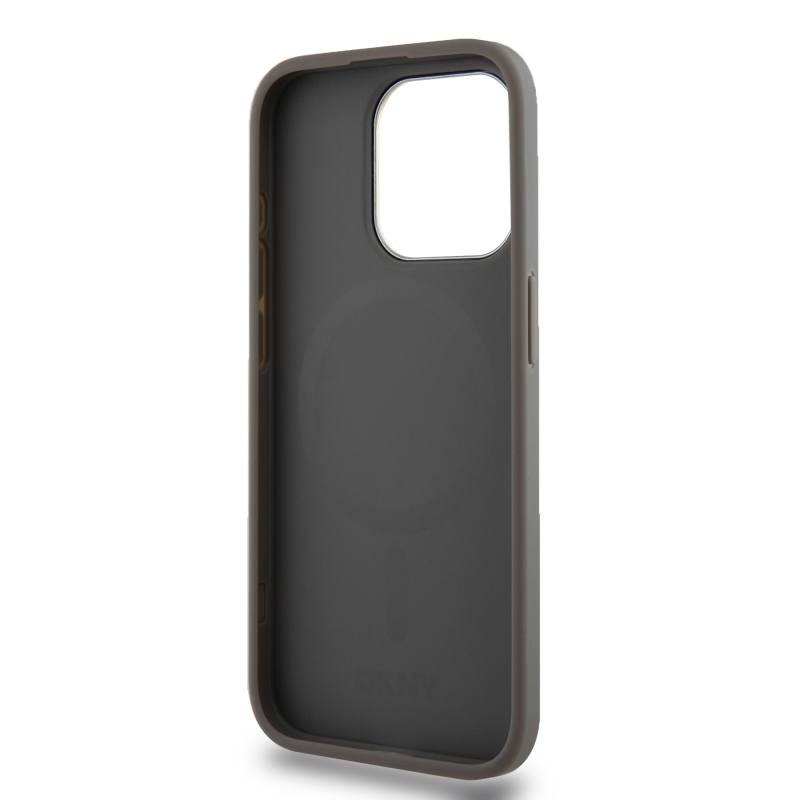DKNY PU bőr kockás mintás Magsafe hátsó borító iPhone 15 Pro bézs színű készülékhez