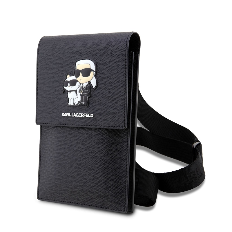 Karl Lagerfeld Saffiano fém logós NFT pénztárca telefon táska fekete