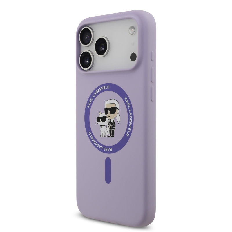 Karl Lagerfeld folyékony szilikon Karl és Choupette MagSafe hátlapi borító iPhone 17 Pro Max lila színhez