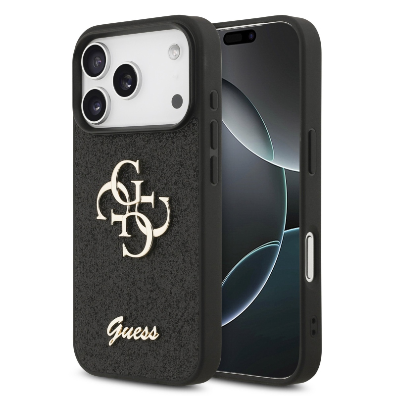 Guess PU Fixed Glitter 4G fém logó hátlap iPhone 17 Pro Fekete