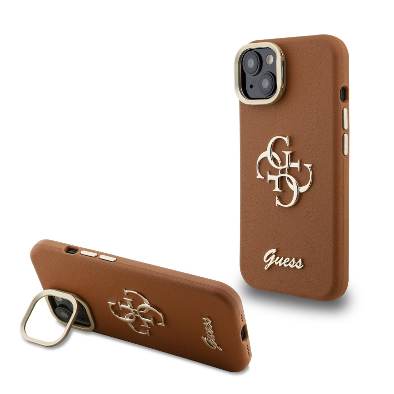 Guess PU szemcsés 4G Logo Stand Kamera keret hátlapi borító iPhone 15-hez Barna barna