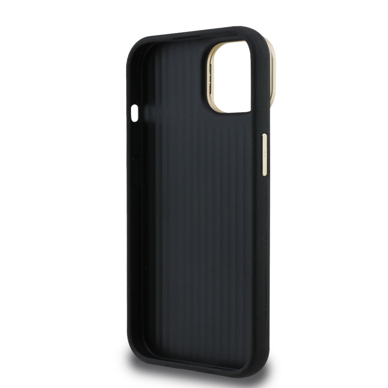 Guess PU szemcsés 4G Logo Stand Kamera keret hátlapi borító iPhone 15 Fekete