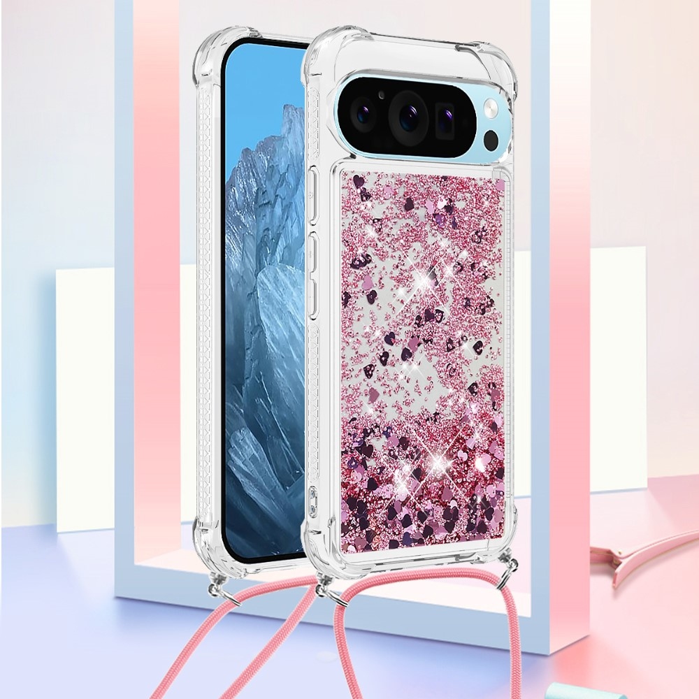 Csillogó homokóra zselés tok húzózsinórral Google Pixel 10 Pro/Pixel 10 - rózsaarany/szív