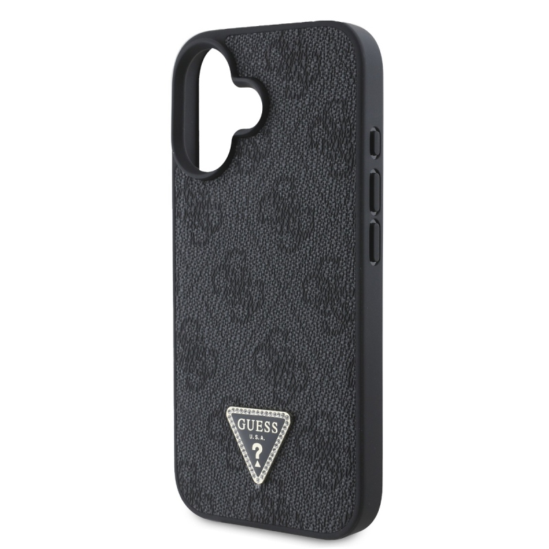 Guess PU 4G Strass háromszög fém logó hátlap iPhone 16-hoz Fekete