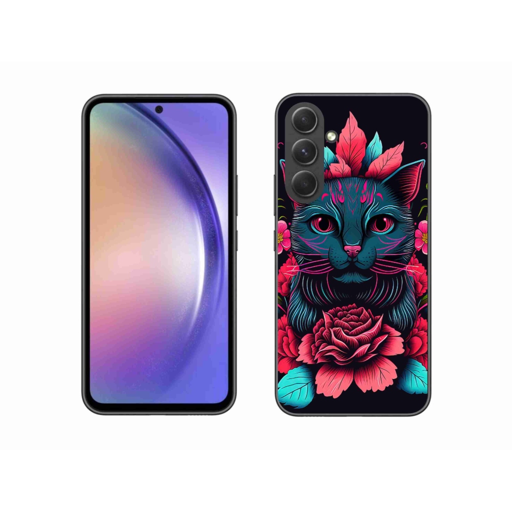 Gél borítás mmCase Samsung Galaxy A54 5G - virágok és macska