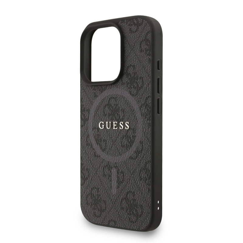 Guess PU bőr 4G színes gyűrűs pánt MagSafe hátsó borító iPhone 16 Pro Fekete