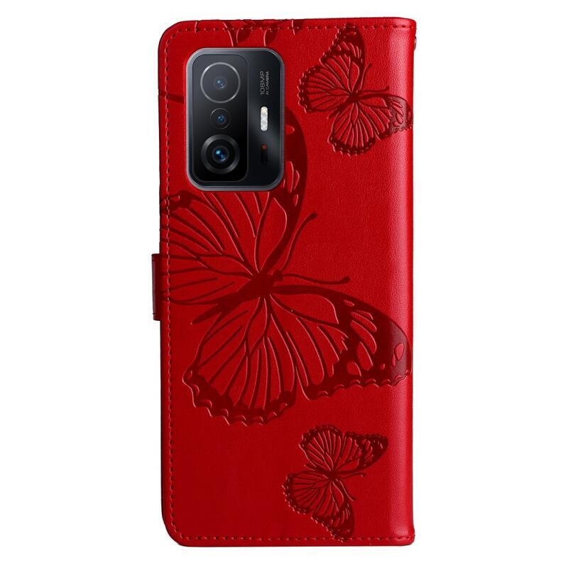 Nagy pillangó PU bőr pénztárca tok Xiaomi 11T/11T Pro mobiltelefonhoz - piros