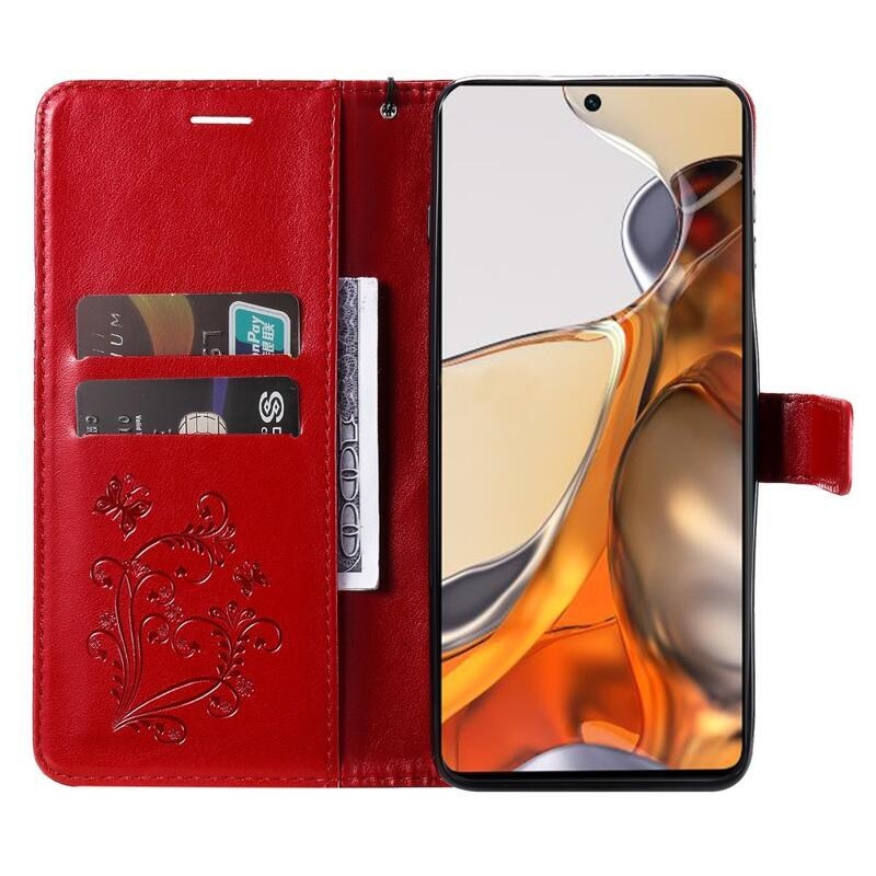 Nagy pillangó PU bőr pénztárca tok Xiaomi 11T/11T Pro mobiltelefonhoz - piros