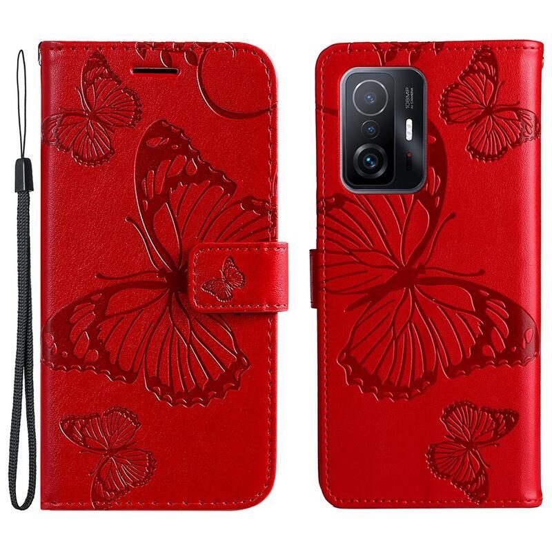 Nagy pillangó PU bőr pénztárca tok Xiaomi 11T/11T Pro mobiltelefonhoz - piros