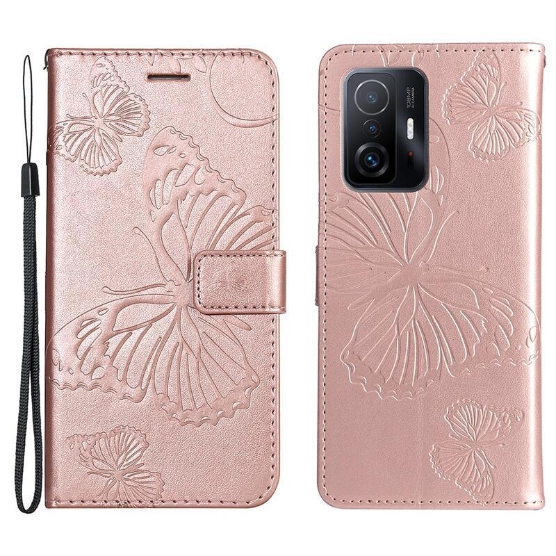 Nagy pillangó PU bőr pénztárca tok Xiaomi 11T/11T Pro mobiltelefonhoz - rózsa arany