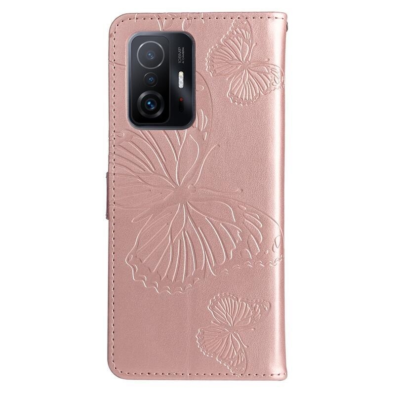 Nagy pillangó PU bőr pénztárca tok Xiaomi 11T/11T Pro mobiltelefonhoz - rózsa arany