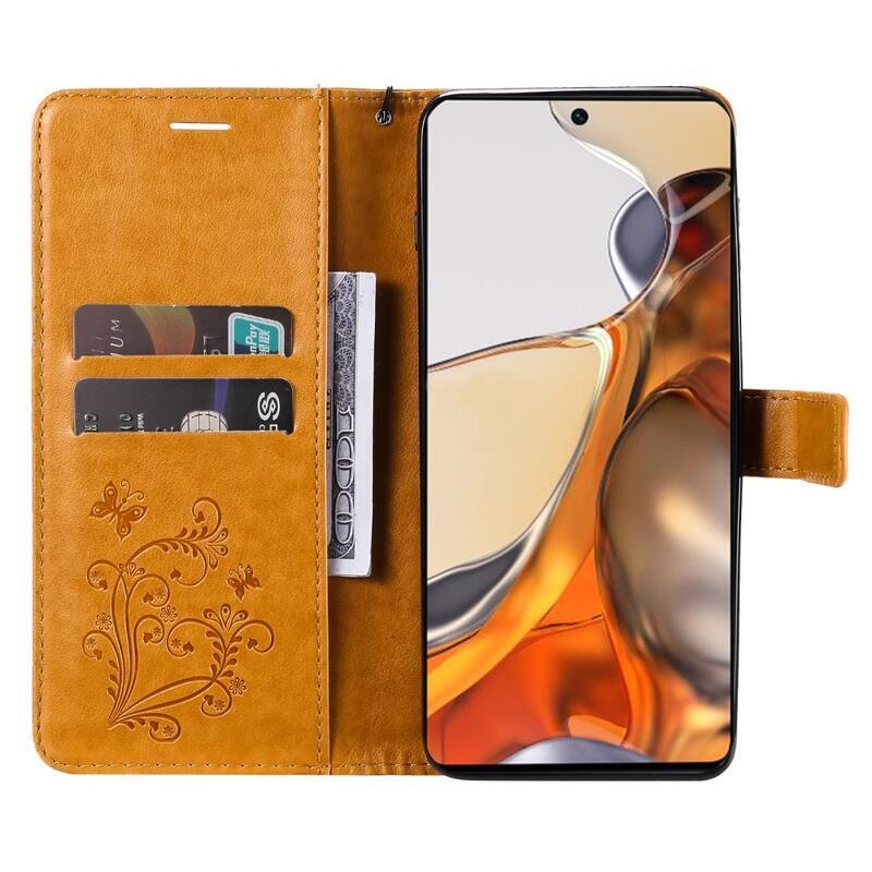 Nagy pillangó PU bőr pénztárca tok Xiaomi 11T/11T Pro mobiltelefonhoz - sárga