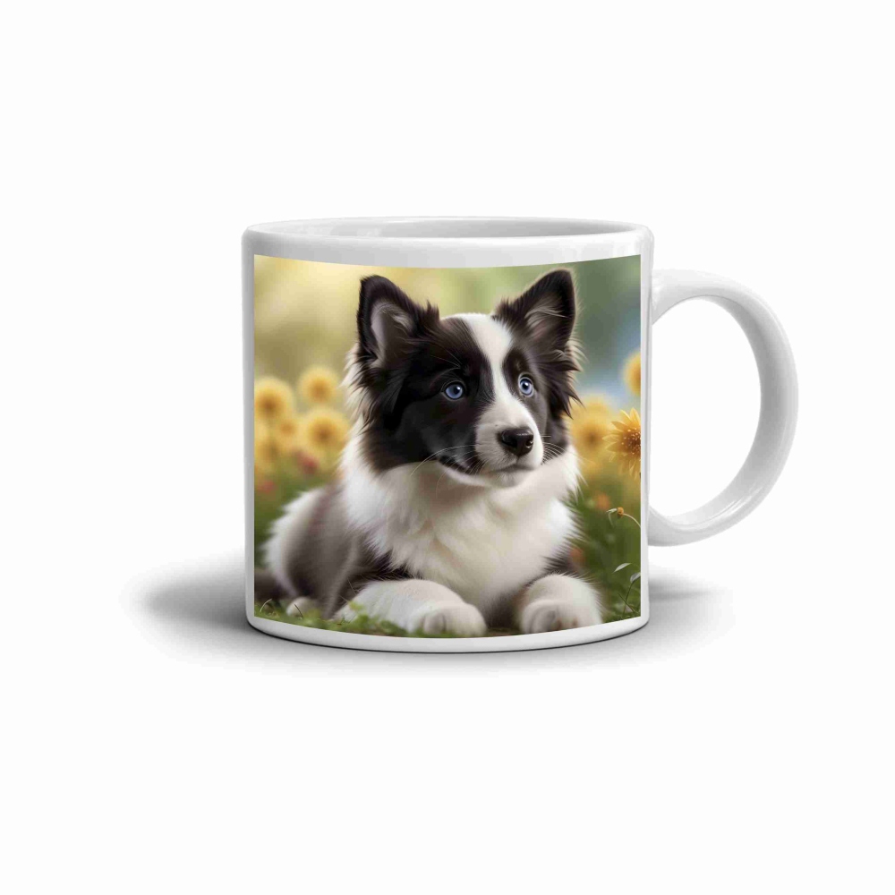 Fehér kerámia bögre 330ml képpel - virágokban pompázó border collie