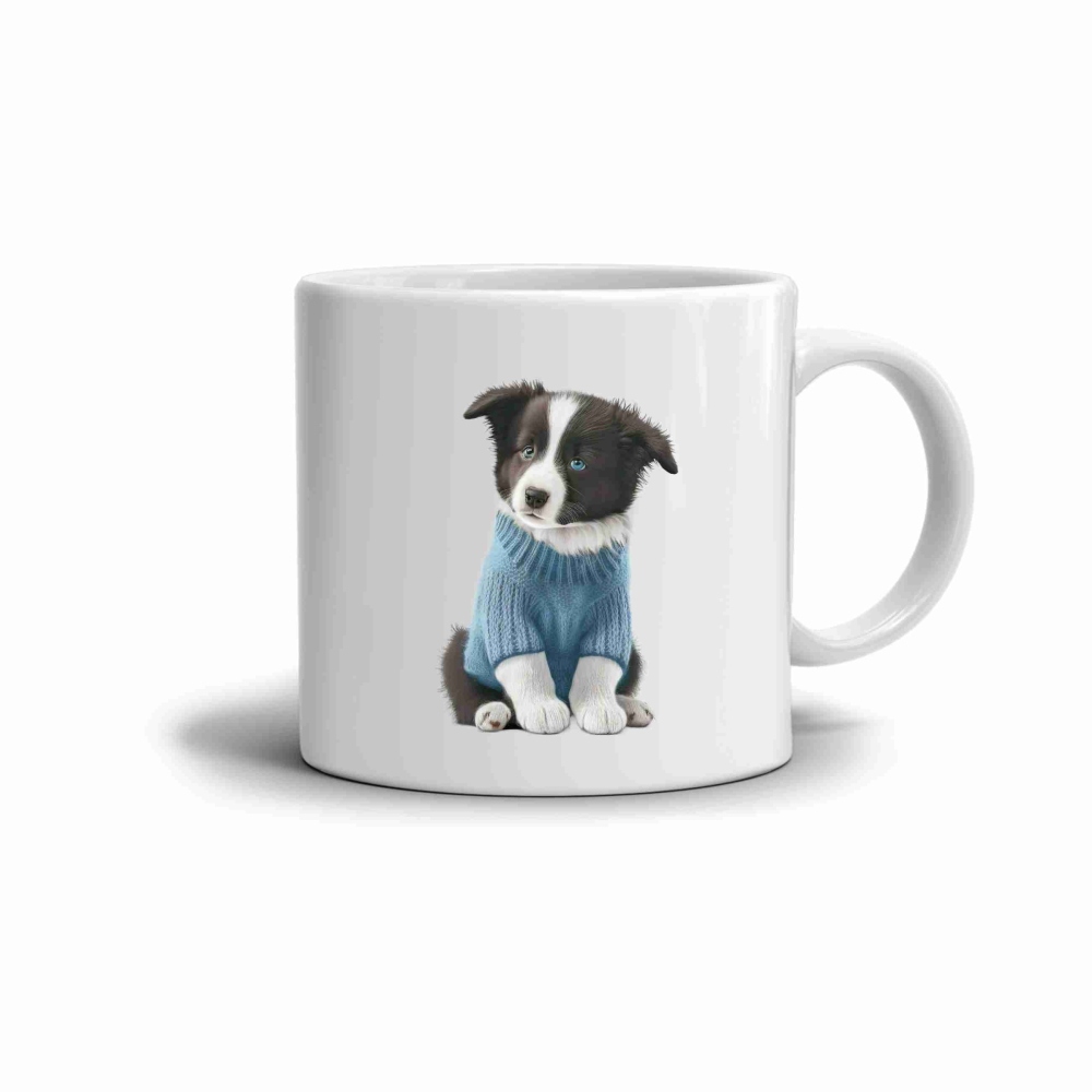 Fehér kerámia bögre 330ml képpel - border collie pulóverben