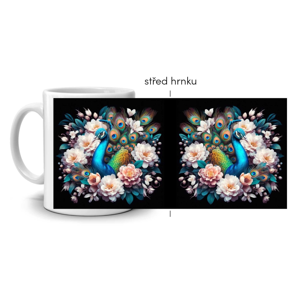 Fehér kerámia bögre 330ml képpel - teljes felületű virágos páva motívum