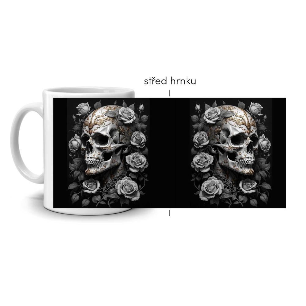 Fehér kerámia bögre 330ml képpel - teljes felületű koponya rózsák motívummal