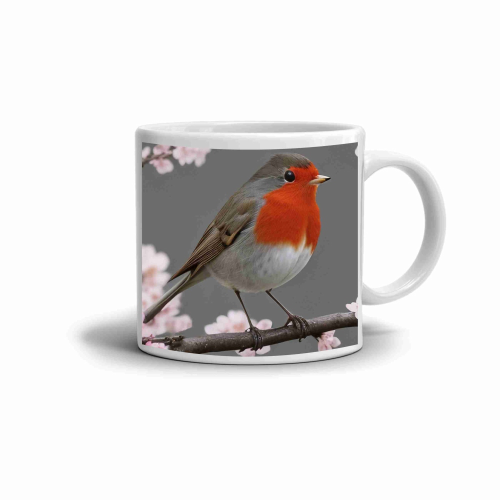 Fehér kerámia bögre 330ml képpel - vörösbegy egy ágon