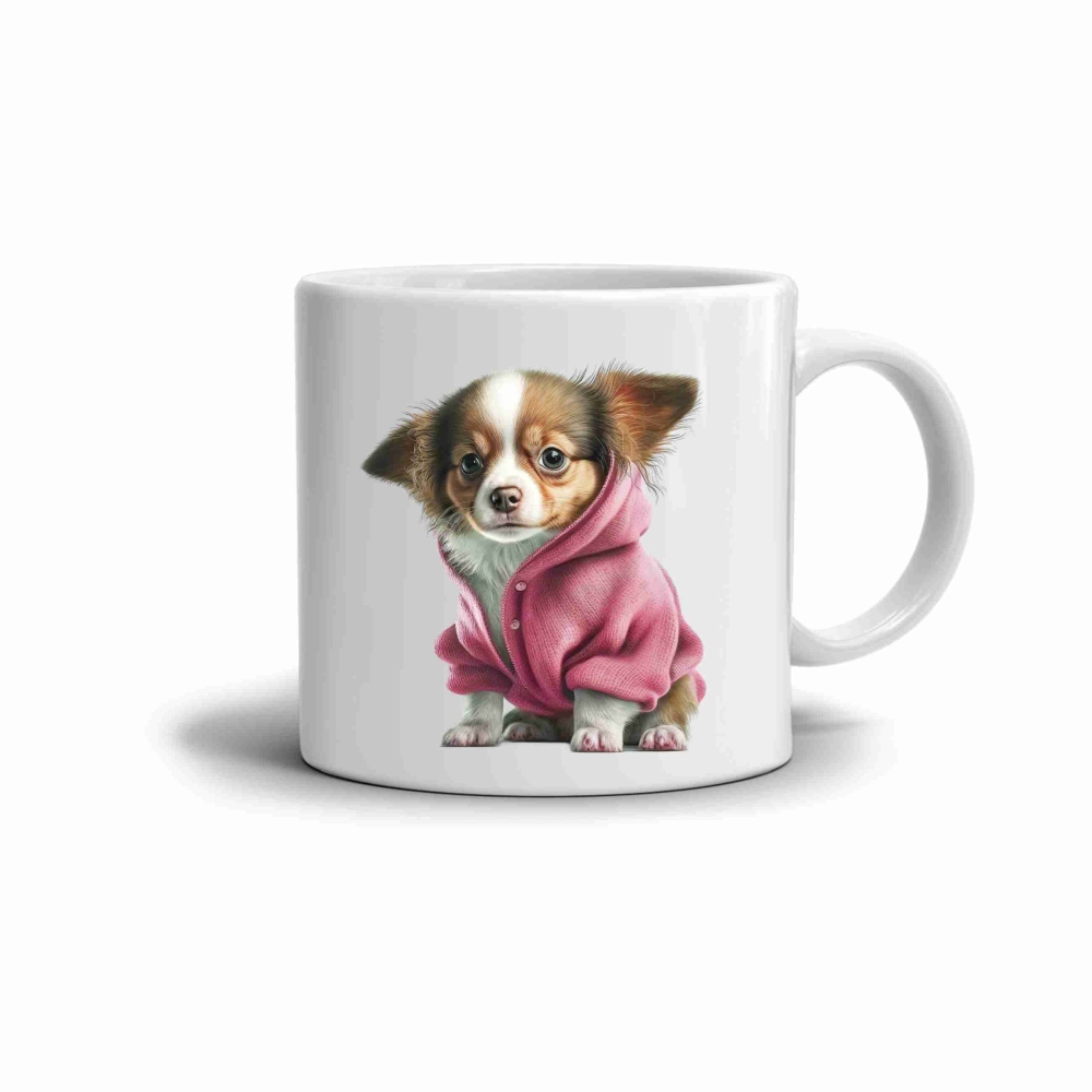 Fehér kerámia bögre 330ml képpel - csivava pulóverben