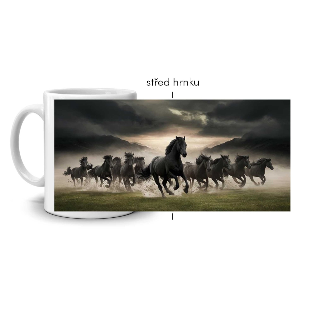Fehér kerámia bögre 330ml képpel - fekete lovak vad futása