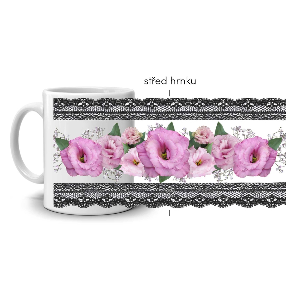 Fehér kerámia bögre 330ml képpel - csipkés eustoma