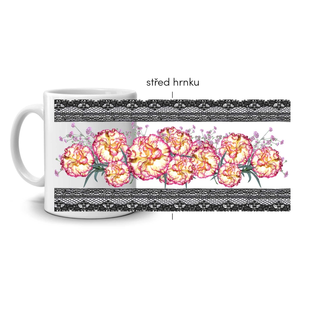 Fehér kerámia bögre 330ml képpel - csipkés szegfűk