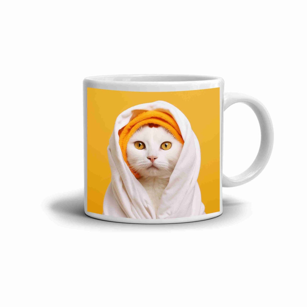 Fehér kerámia bögre 330ml képpel - Macska fürdés után