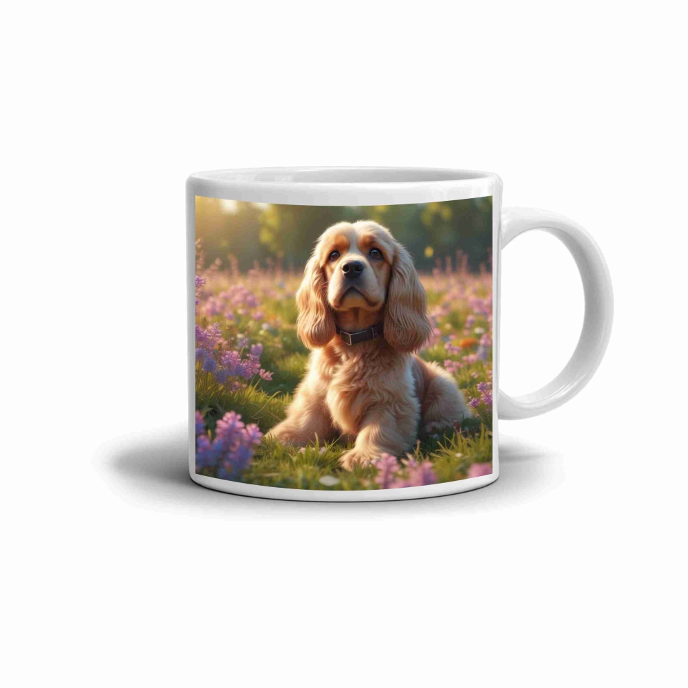 Fehér kerámia bögre 330ml képpel - cocker spániel virágokban