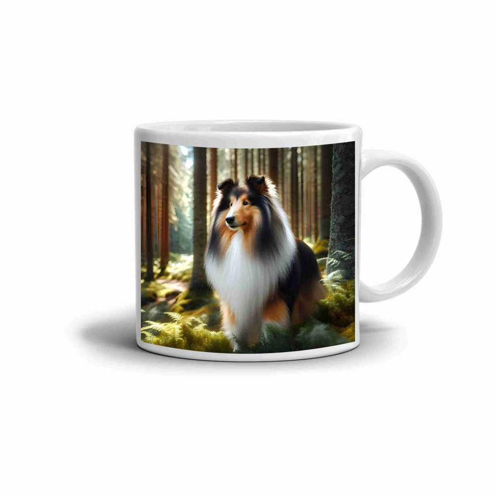 Fehér kerámia bögre 330ml képpel - collie az erdőben